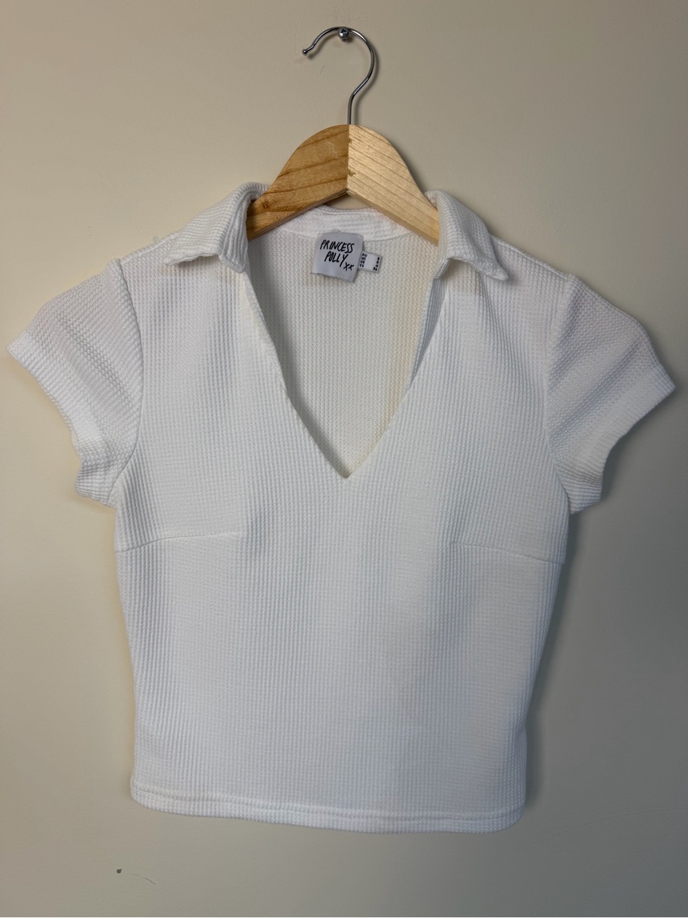 Princess Polly White Ribbed V-Neck Collared Crop Top